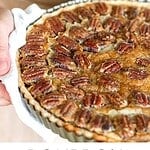 Black and white text overlay on two images of pecan tart filling and baked.