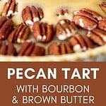 White and brown text overlay on image of pecan pie filling.