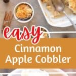 Brown, white and red text overlay on two images of apple cobbler in bowls and a ceramic dish.