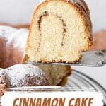Brown and red text overlay on image of cinnamon swirl bundt cake slice on a cake server.