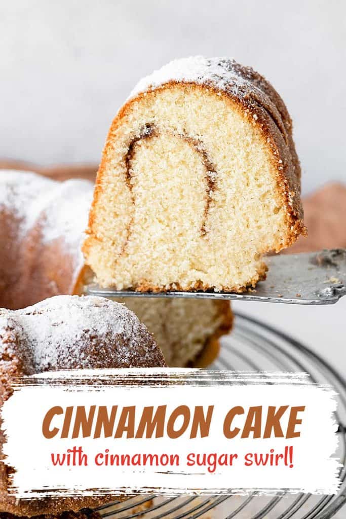 Brown and red text overlay on image of cinnamon swirl bundt cake slice on a cake server.