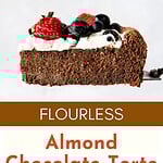 Brown and red text overlay on sliced and whole chocolate berry torte.