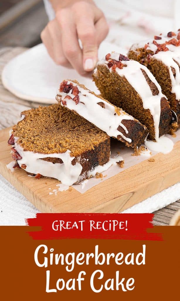 Brown, red, and white text overlay on image of glazed gingerbread loaf on a wooden board being cut.