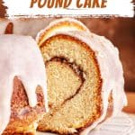 Close up of glazed cinnamon bundt cake slice with brown and white text overlay.