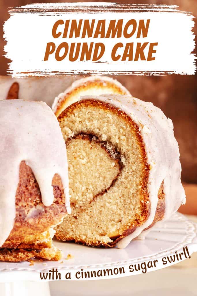 Close up of glazed cinnamon bundt cake slice with brown and white text overlay.