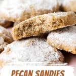 One bitten pecan cookies on a pile of more cookies with powdered sugar. Brown and blue text overlay.