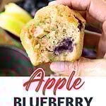 Red, white and black text overlay on two images of whole and bitten muffins.