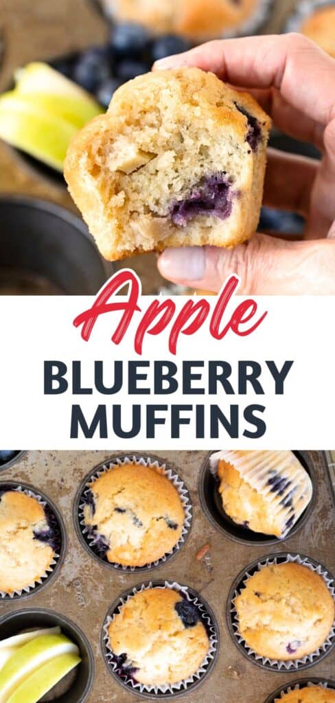 Red, white and black text overlay on two images of whole and bitten muffins.