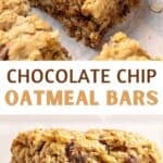 White and brown text overlay on two images of oat chip bars.