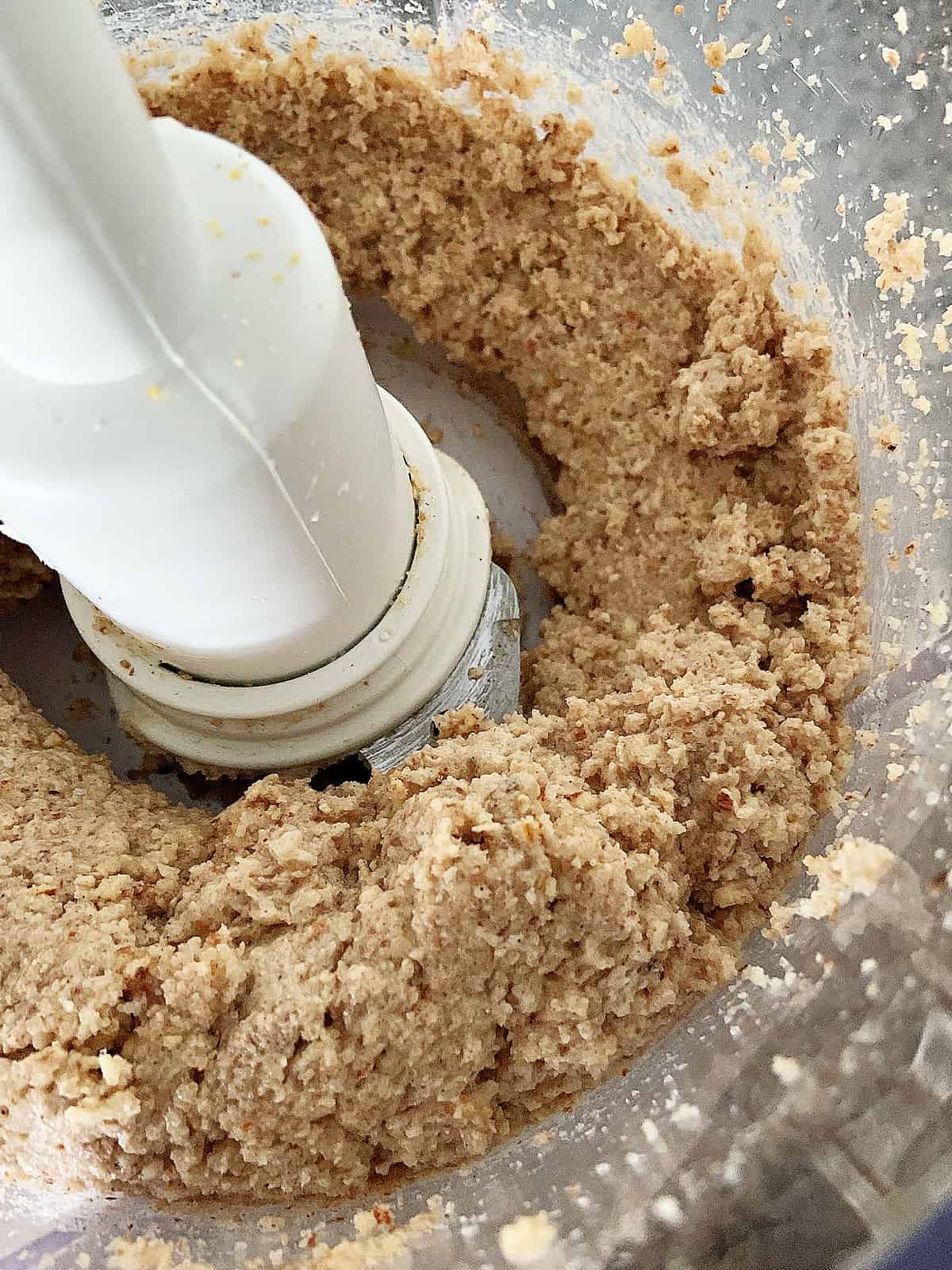 Creamy spiced dough mixture in the bowl of a food processor. Close up image.