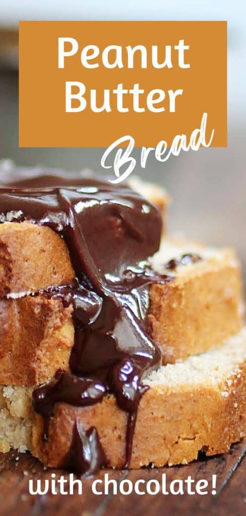 Close up stack of peanut butter bread slices with chocolate sauce. Brown and white text overlay.
