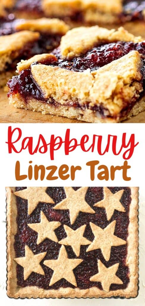 Red, white and brown text overlay on two images of whole and serving of raspberry linzer tart.