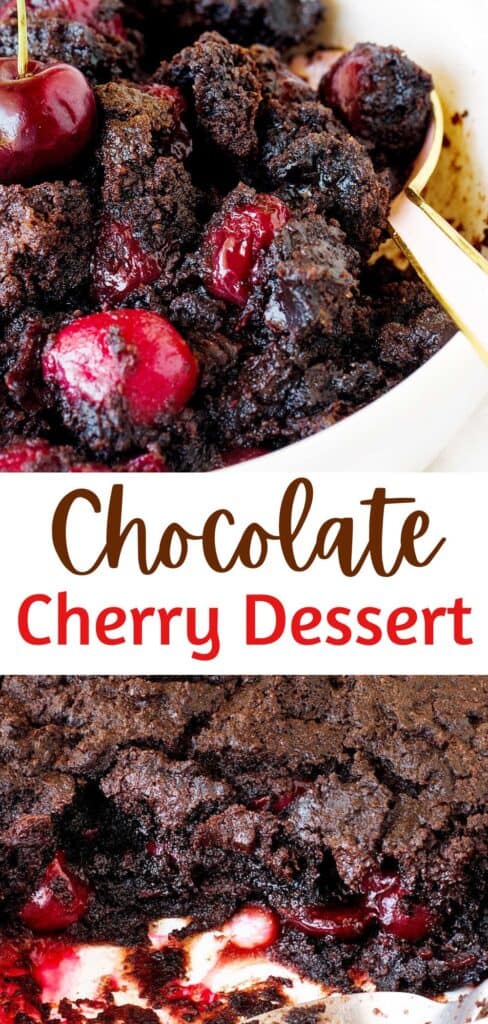 Brown and red text overlay on two images of chocolate cherry dump cake.