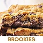 Brown and white text overlay on two images of brookies bars.