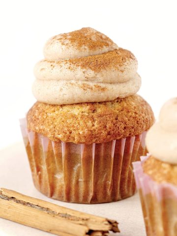 Two frosted cupcakes and a cinnamon stick on a pinkish cake stand with white background.