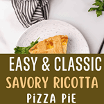Brown and white text overlay on top view of whole and sliced lattice ricotta pie. White surface, striped cloth.