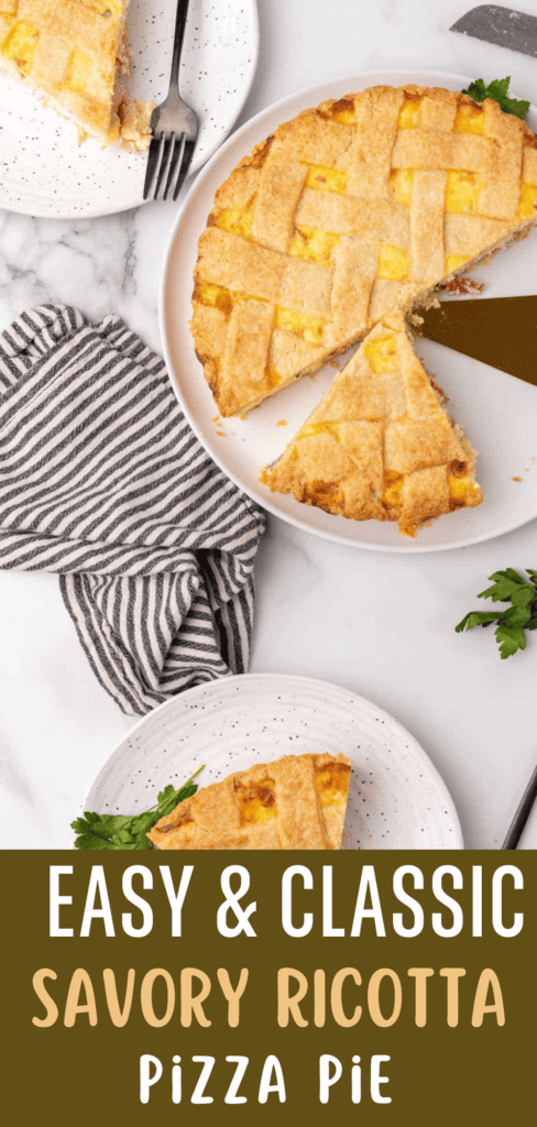 Brown and white text overlay on top view of whole and sliced lattice ricotta pie. White surface, striped cloth.