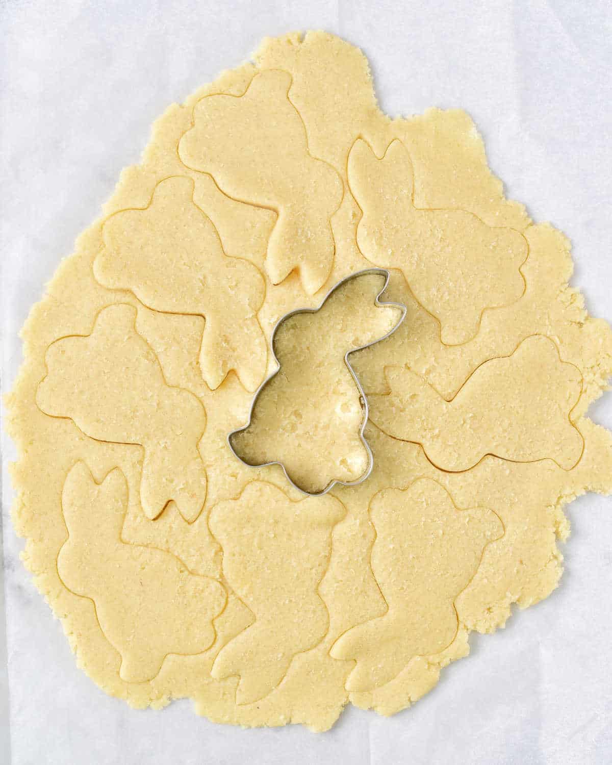 Rolled sugar cookie dough with bunny shaped cut outs and a bunny metal cutter. Parchment paper underneath.