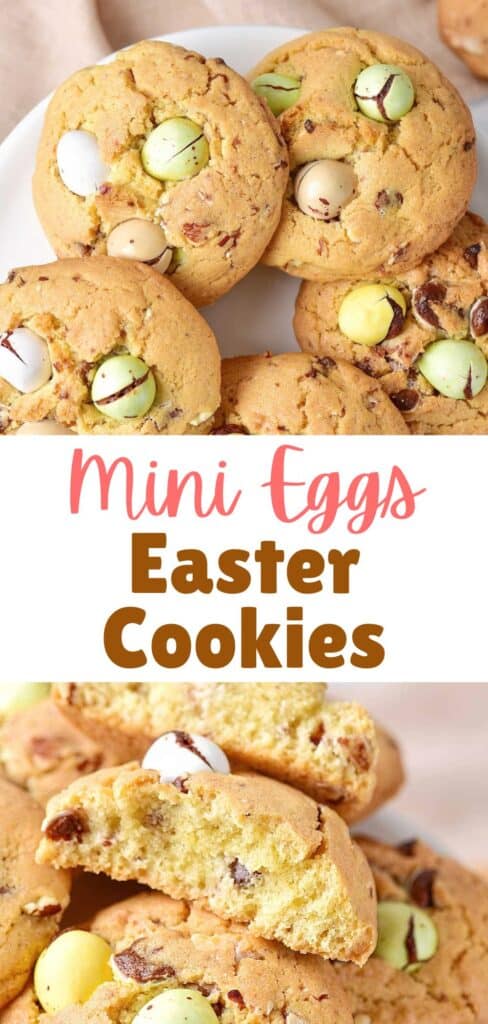 White, brown and pink text overlay on whole and bitten Cadbury chocolate eggs cookies.