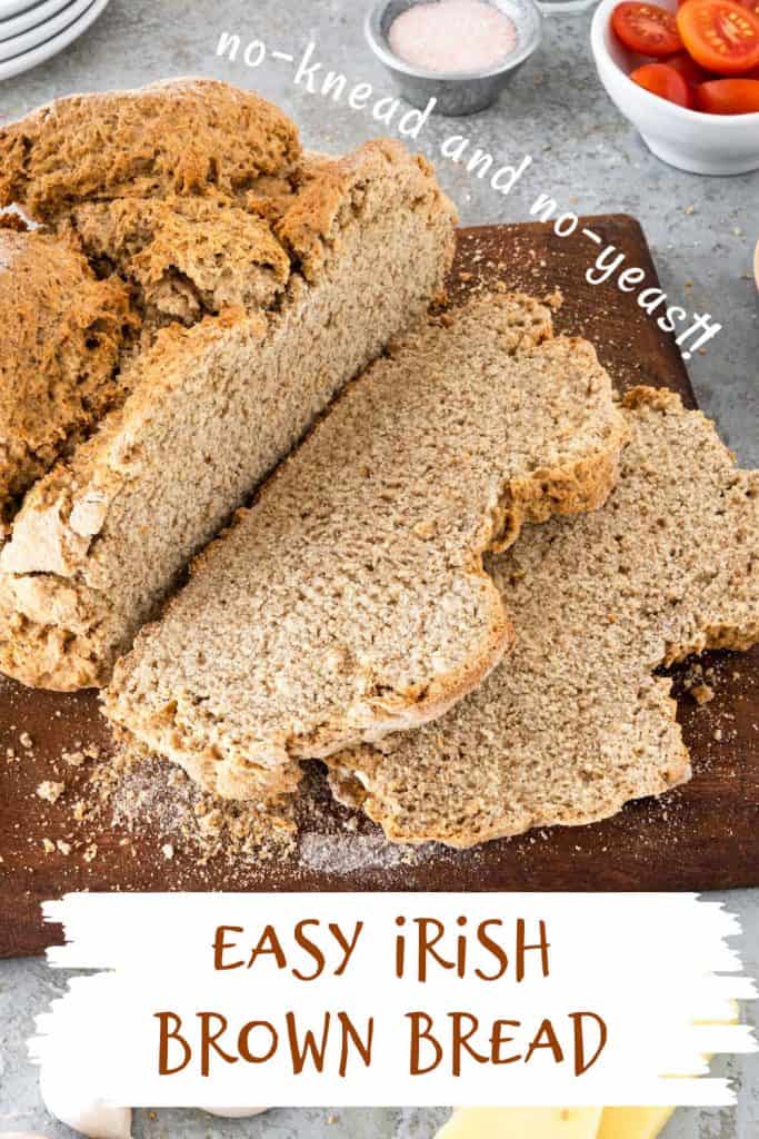 White and brown text overlay on close up image of whole wheat soda bread on a dark wood board.