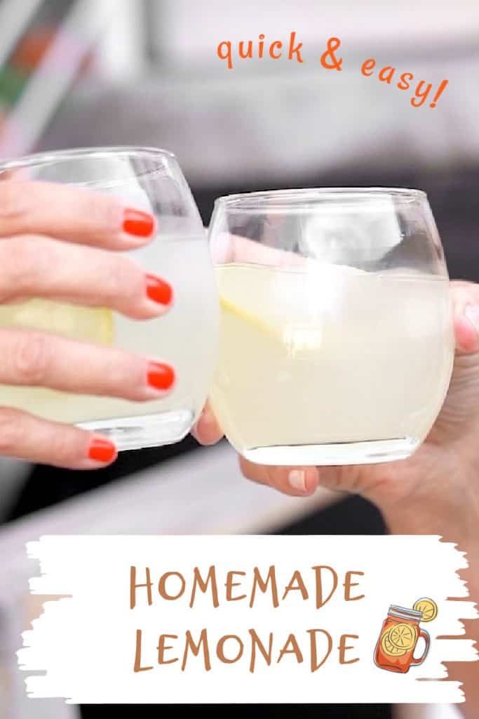 White and brown text overlay on image of two lemonade glasses being clinked.