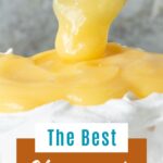 Brown, white and green text overlay on lemon curd being spooned on a pavlova.