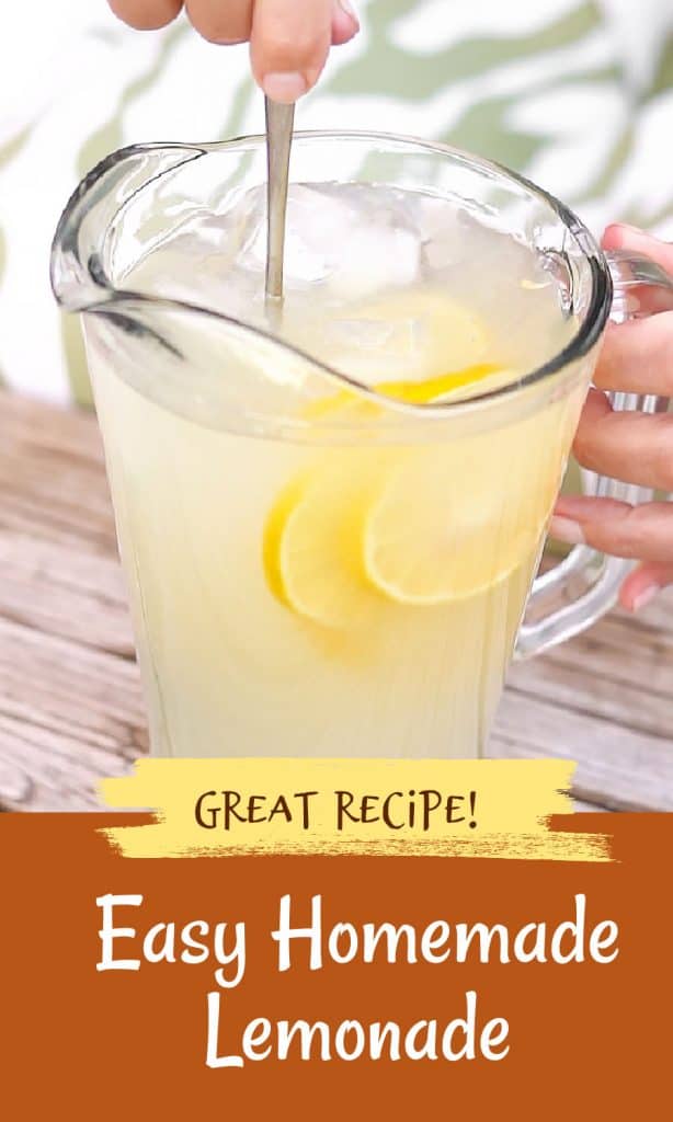 Brown and yellow text overlay on image of lemonade pitcher being stirred.