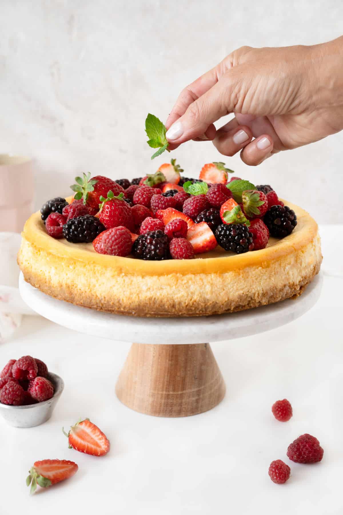 Hand placing a mint sprig on fresh berries piled atop a ricotta cheesecake on a cake stand. White surface and grey background. 