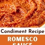 Brown and white text overlay on romesco sauce close up and on potato wedges.