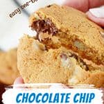Blue and white text overlay on close up image of chocolate chip cookies being halved.