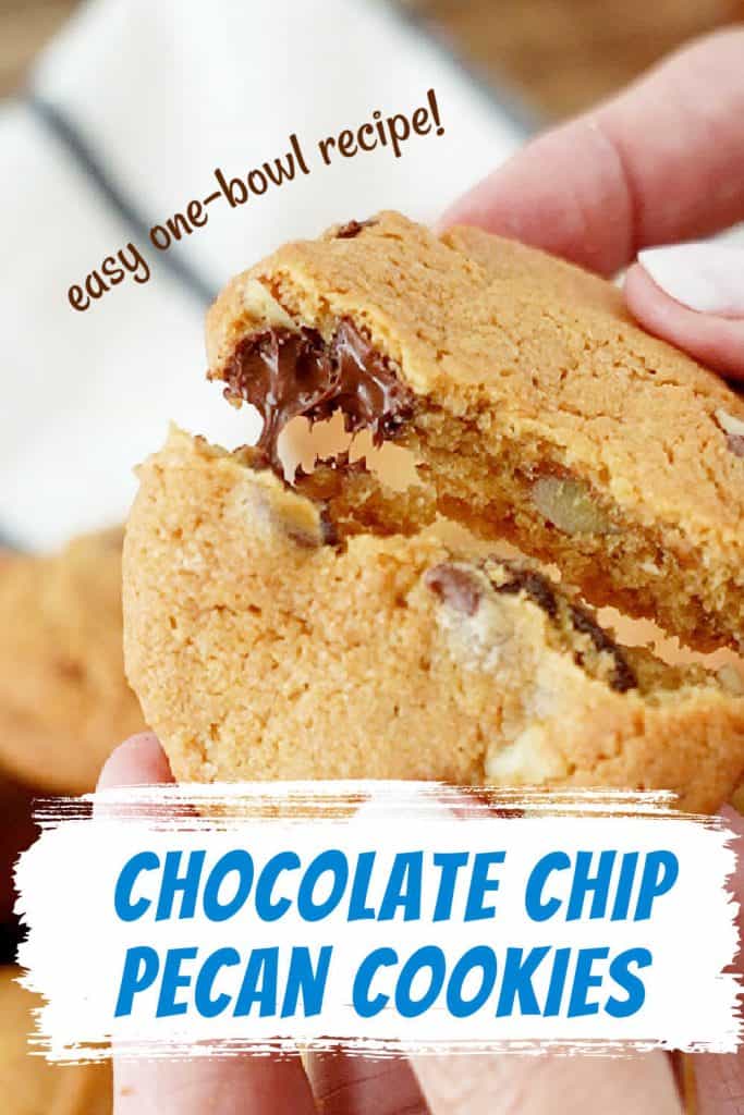 Blue and white text overlay on close up image of chocolate chip cookies being halved.