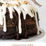 Partial close up view of white glazed chocolate hazelnut cake with grey background and brown white text overlay.
