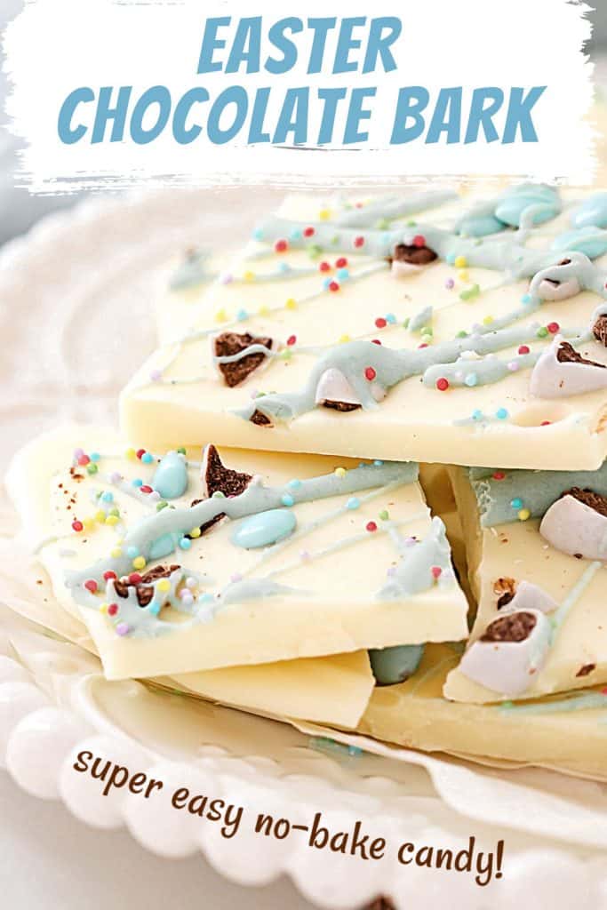 Light blue and white text overlay on close up of white chocolate Easter bark pieces on a white plate.