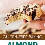 Green, brown and white text overlay on whole and bitten chocolate almond cookies.
