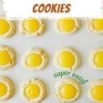 A batch of lemon curd cookies on white parchment paper with brown, green, and white text overlay.