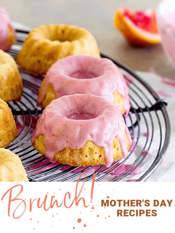 Pink and white text overlay on image of pink glazed mini bundt cakes on a wire rack.