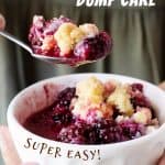 White and brown text overlay on close up image of white bowl and spoon with blackberry dump cake. Green background.