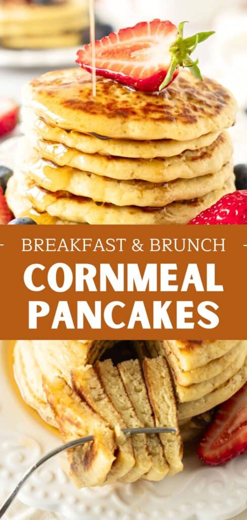 Brown and white text overlay on two images of stack and bite of cornmeal pancakes.