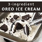 Metal loaf pan and cone with scoops of Oreo ice cream. Black, white and green text overlay.