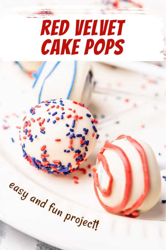 Red and white text overlay on close up image of white covered cake pops with red and blue icing.