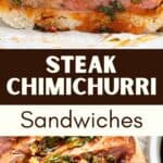 Black and white text overlay on two images of chimichurri steak sandwich.