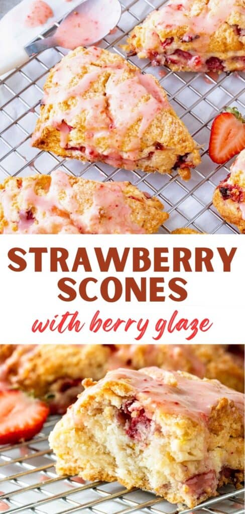 Brown, red and white text overlay on two images of whole and bitten glazed strawberry scones.