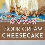 Two images of slice and partial cheesecake with brown, red and white text overlay.