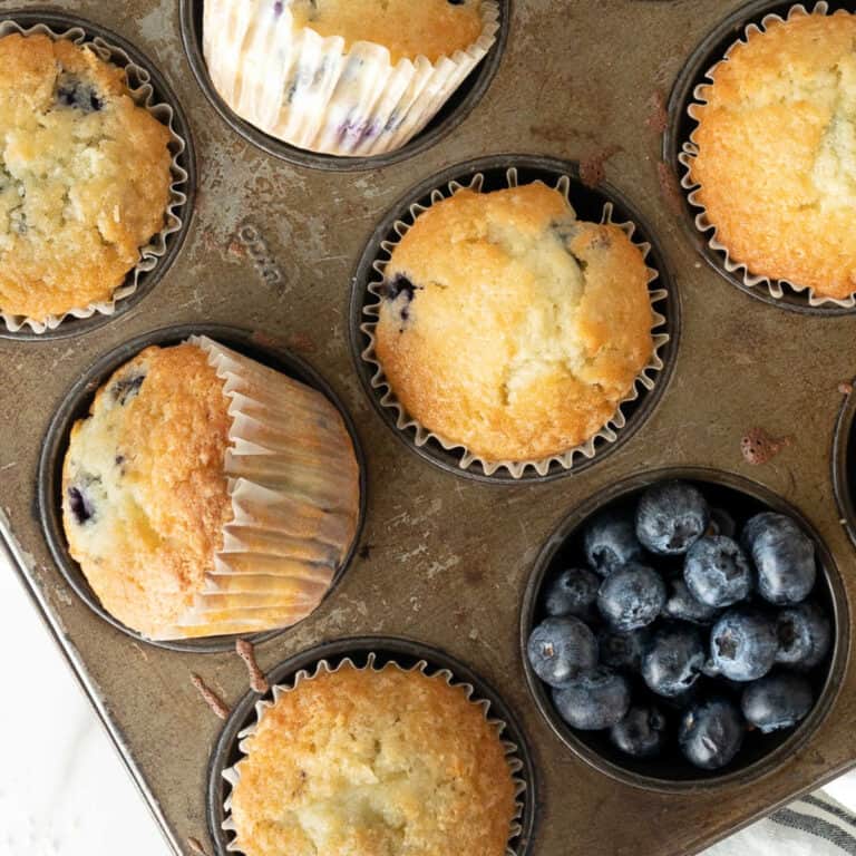 Blueberries and baked blueberry muffins in a metal pan. Close up image.