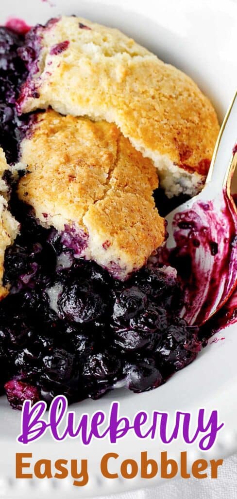 Purple and brown text overlay on serving of blueberry cobbler in a white bowl with a spoon.