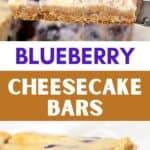 Purple, white and brown text overlay on two images of blueberry cheesecake squares.