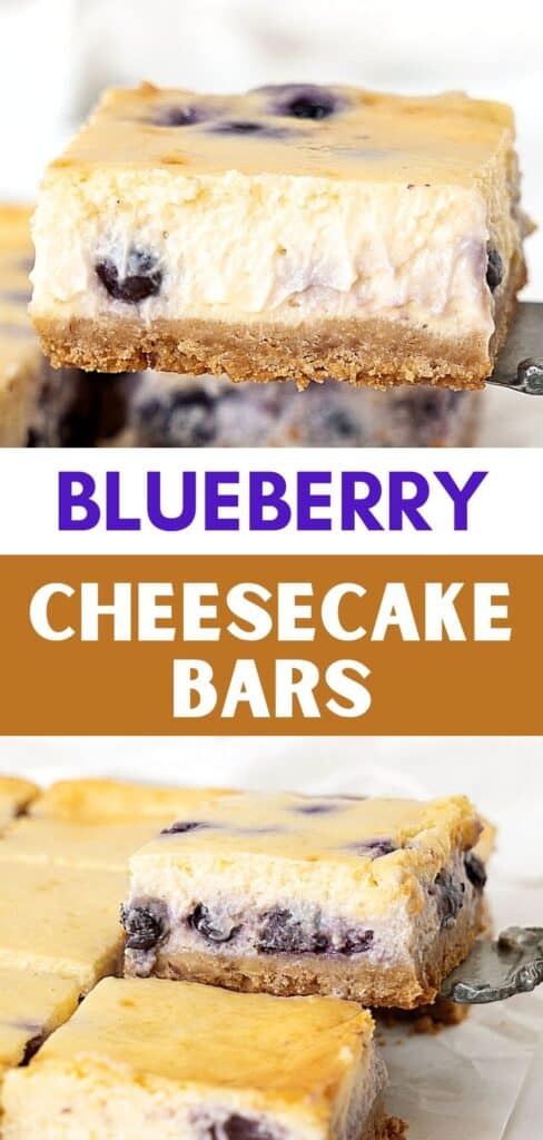 Purple, white and brown text overlay on two images of blueberry cheesecake squares.