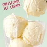 Purple text overlay on vanilla ice cream scoops in a glass. Mint green background.