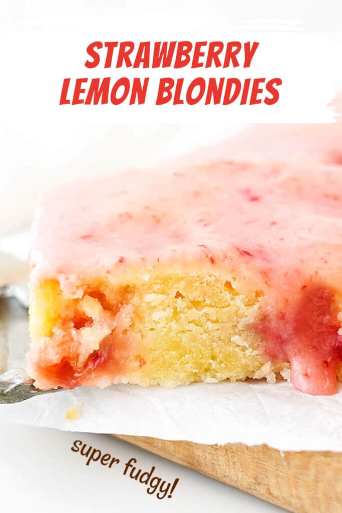 Red and white text overlay on close up of glazed lemon strawberry square.
