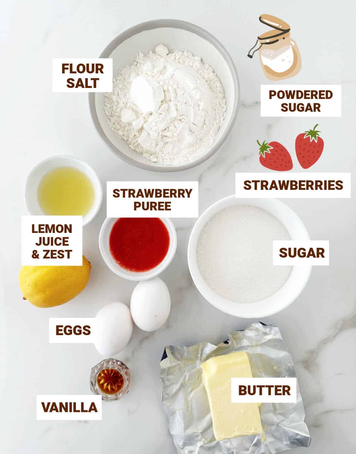 Bowls with ingredients for strawberry lemon blondies on white marbled surface including lemon, eggs, butter, flour, sugar.